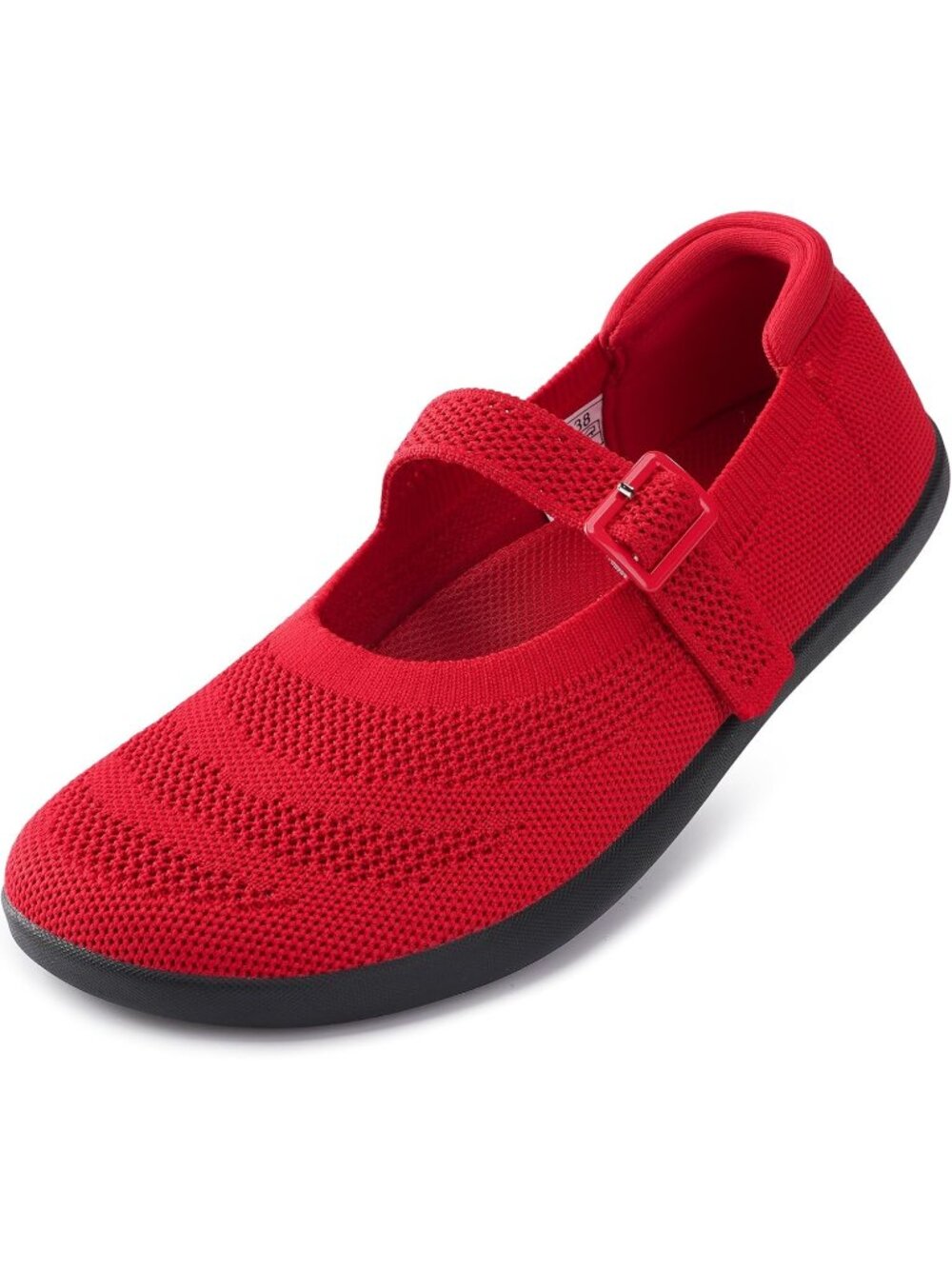 Women's Red Knit Mary Jane Wide Toe Box Zero Drop Sole Adjustable Straps Flats